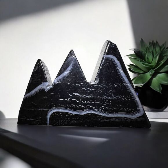 Black Agate Quartz‎ Crystal Mountain Carving (#15) - Picture 1 of 10